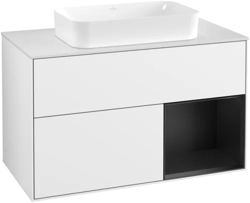 Obrázek VILLEROY BOCH Umyvadlová skříňka Finion, s osvětlením, 2 výsuvy, 1000 x 603 x 501 mm, lesklý bílý lak / černý matný lak / bílé matné sklo #F661PDGF
