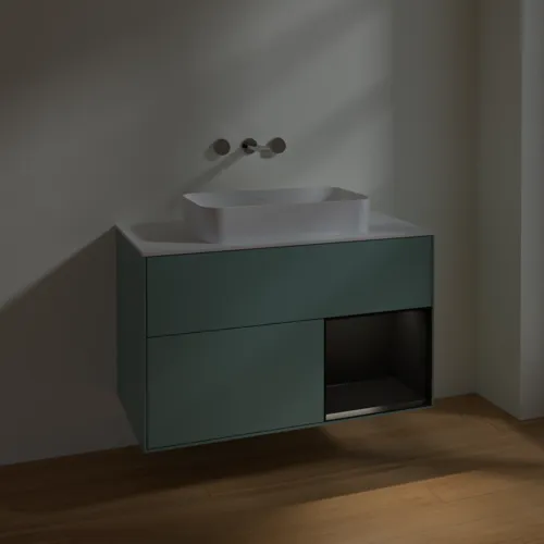 Bild von VILLEROY BOCH Finion Waschbeckenunterschrank, mit Beleuchtung, 2 Auszüge, 1000 x 603 x 501 mm, Olive Matt Lacquer / Black Matt Lacquer / Glass White Matt #F661PDGM