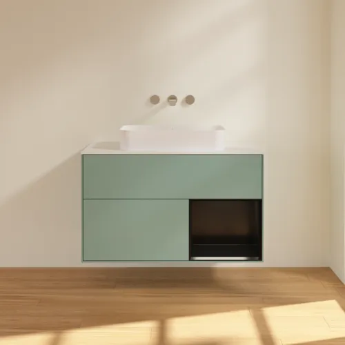 Bild von VILLEROY BOCH Finion Waschbeckenunterschrank, mit Beleuchtung, 2 Auszüge, 1000 x 603 x 501 mm, Olive Matt Lacquer / Black Matt Lacquer / Glass White Matt #F661PDGM