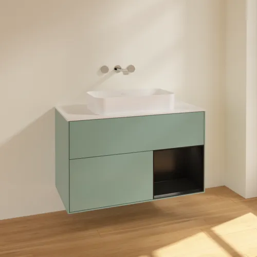 Bild von VILLEROY BOCH Finion Waschbeckenunterschrank, mit Beleuchtung, 2 Auszüge, 1000 x 603 x 501 mm, Olive Matt Lacquer / Black Matt Lacquer / Glass White Matt #F661PDGM