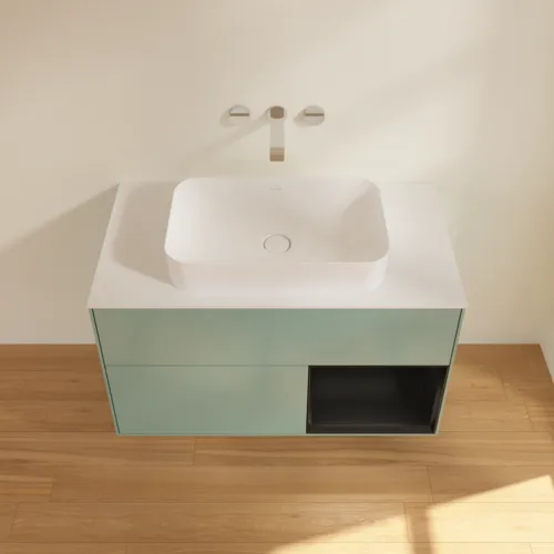 Bild von VILLEROY BOCH Finion Waschbeckenunterschrank, mit Beleuchtung, 2 Auszüge, 1000 x 603 x 501 mm, Olive Matt Lacquer / Black Matt Lacquer / Glass White Matt #F661PDGM