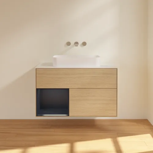 Bild von VILLEROY BOCH Finion Waschbeckenunterschrank, mit Beleuchtung, 2 Auszüge, 1000 x 603 x 501 mm, Oak Veneer / Midnight Blue Matt Lacquer / Glass White Matt #F651HGPC