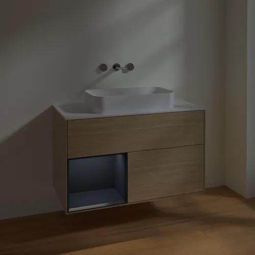 Bild von VILLEROY BOCH Finion Waschbeckenunterschrank, mit Beleuchtung, 2 Auszüge, 1000 x 603 x 501 mm, Oak Veneer / Midnight Blue Matt Lacquer / Glass White Matt #F651HGPC