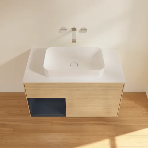 Bild von VILLEROY BOCH Finion Waschbeckenunterschrank, mit Beleuchtung, 2 Auszüge, 1000 x 603 x 501 mm, Oak Veneer / Midnight Blue Matt Lacquer / Glass White Matt #F651HGPC