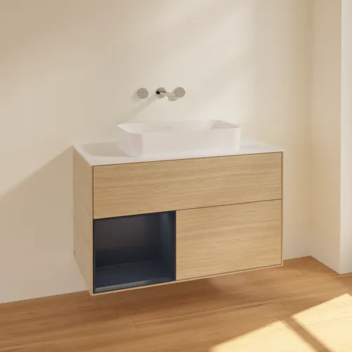 Bild von VILLEROY BOCH Finion Waschbeckenunterschrank, mit Beleuchtung, 2 Auszüge, 1000 x 603 x 501 mm, Oak Veneer / Midnight Blue Matt Lacquer / Glass White Matt #F651HGPC