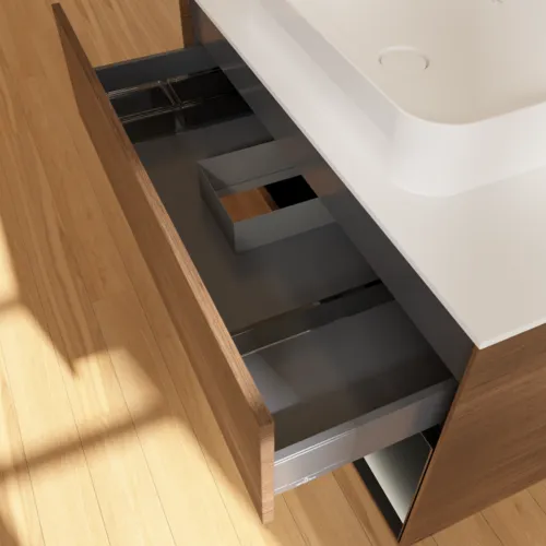 VILLEROY BOCH Finion Waschbeckenunterschrank, mit Beleuchtung, 2 Auszüge, 1000 x 603 x 501 mm, Walnut Veneer / Black Matt Lacquer / Glass White Matt #F661PDGN, Bild 8