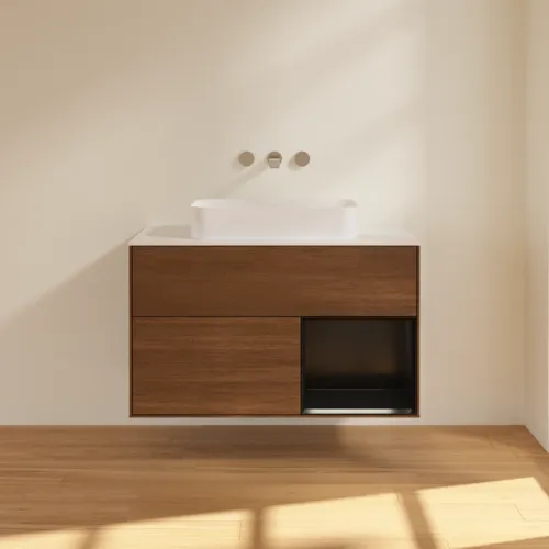 VILLEROY BOCH Finion Waschbeckenunterschrank, mit Beleuchtung, 2 Auszüge, 1000 x 603 x 501 mm, Walnut Veneer / Black Matt Lacquer / Glass White Matt #F661PDGN, Bild 3