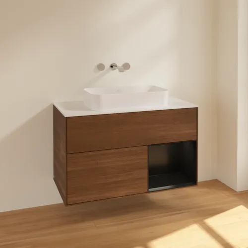 VILLEROY BOCH Finion Waschbeckenunterschrank, mit Beleuchtung, 2 Auszüge, 1000 x 603 x 501 mm, Walnut Veneer / Black Matt Lacquer / Glass White Matt #F661PDGN, Bild 2