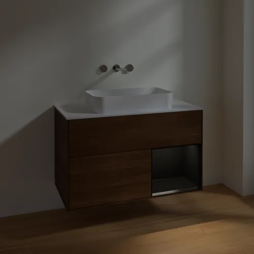 VILLEROY BOCH Finion Waschbeckenunterschrank, mit Beleuchtung, 2 Auszüge, 1000 x 603 x 501 mm, Walnut Veneer / Black Matt Lacquer / Glass White Matt #F661PDGN, Bild 5