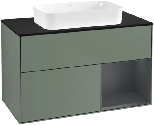 Picture of VILLEROY BOCH Finion Vanity unit, with lighting, 2 pull-out compartments, 1000 x 603 x 501 mm, Olive Matt Lacquer / Midnight Blue Matt Lacquer / Glass Black Matt #F662HGGM