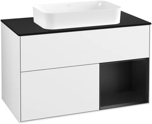 Obrázek VILLEROY BOCH Umyvadlová skříňka Finion, s osvětlením, 2 výsuvy, 1000 x 603 x 501 mm, lesklý bílý lak / černý matný lak / černé matné sklo #F662PDGF