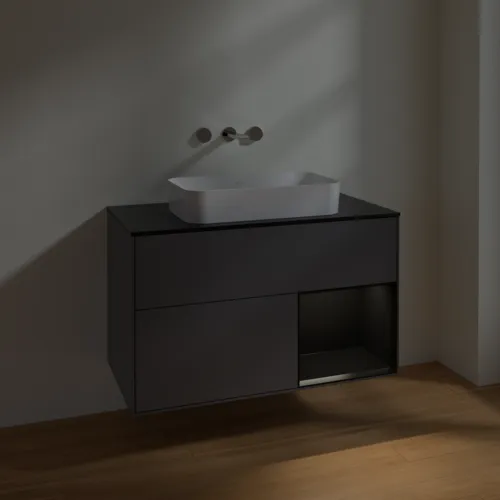 Bild von VILLEROY BOCH Finion Waschbeckenunterschrank, mit Beleuchtung, 2 Auszüge, 1000 x 603 x 501 mm, Anthracite Matt Lacquer / Black Matt Lacquer / Glass Black Matt #F662PDGK