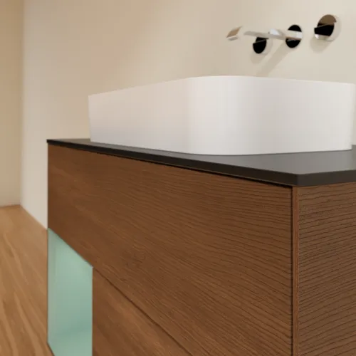 Bild von VILLEROY BOCH Finion Waschbeckenunterschrank, mit Beleuchtung, 2 Auszüge, 1000 x 603 x 501 mm, Walnut Veneer / Olive Matt Lacquer / Glass Black Matt #F652GMGN