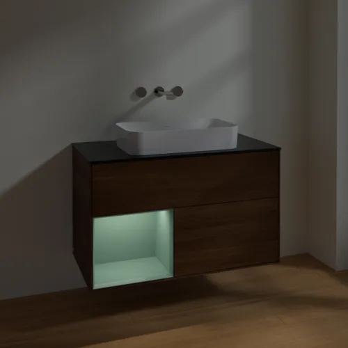 Bild von VILLEROY BOCH Finion Waschbeckenunterschrank, mit Beleuchtung, 2 Auszüge, 1000 x 603 x 501 mm, Walnut Veneer / Olive Matt Lacquer / Glass Black Matt #F652GMGN