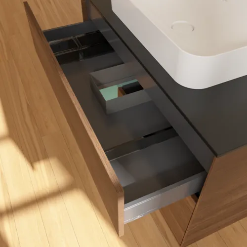 Bild von VILLEROY BOCH Finion Waschbeckenunterschrank, mit Beleuchtung, 2 Auszüge, 1000 x 603 x 501 mm, Walnut Veneer / Olive Matt Lacquer / Glass Black Matt #F652GMGN