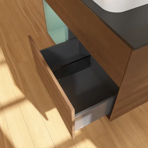 Bild von VILLEROY BOCH Finion Waschbeckenunterschrank, mit Beleuchtung, 2 Auszüge, 1000 x 603 x 501 mm, Walnut Veneer / Olive Matt Lacquer / Glass Black Matt #F652GMGN