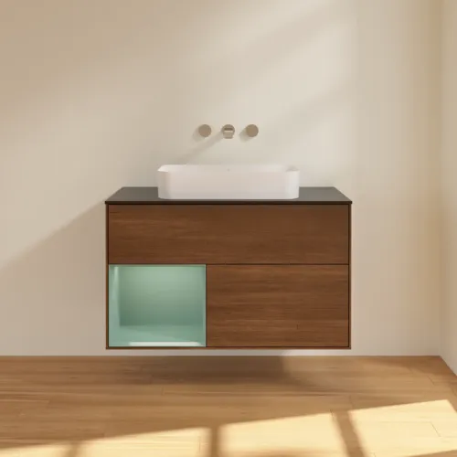 Bild von VILLEROY BOCH Finion Waschbeckenunterschrank, mit Beleuchtung, 2 Auszüge, 1000 x 603 x 501 mm, Walnut Veneer / Olive Matt Lacquer / Glass Black Matt #F652GMGN