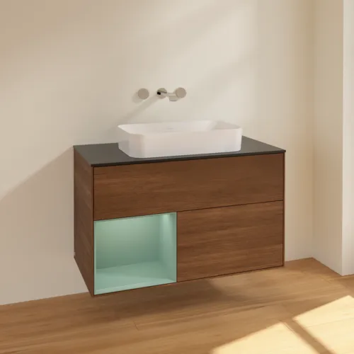Bild von VILLEROY BOCH Finion Waschbeckenunterschrank, mit Beleuchtung, 2 Auszüge, 1000 x 603 x 501 mm, Walnut Veneer / Olive Matt Lacquer / Glass Black Matt #F652GMGN