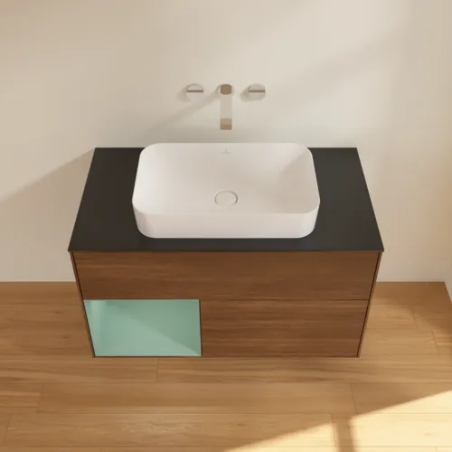Bild von VILLEROY BOCH Finion Waschbeckenunterschrank, mit Beleuchtung, 2 Auszüge, 1000 x 603 x 501 mm, Walnut Veneer / Olive Matt Lacquer / Glass Black Matt #F652GMGN