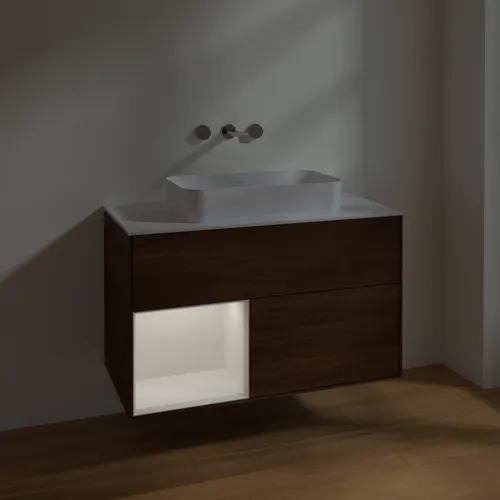 Bild von VILLEROY BOCH Finion Waschbeckenunterschrank, mit Beleuchtung, 2 Auszüge, 1000 x 603 x 501 mm, Walnut Veneer / Glossy White Lacquer / Glass White Matt #F651GFGN