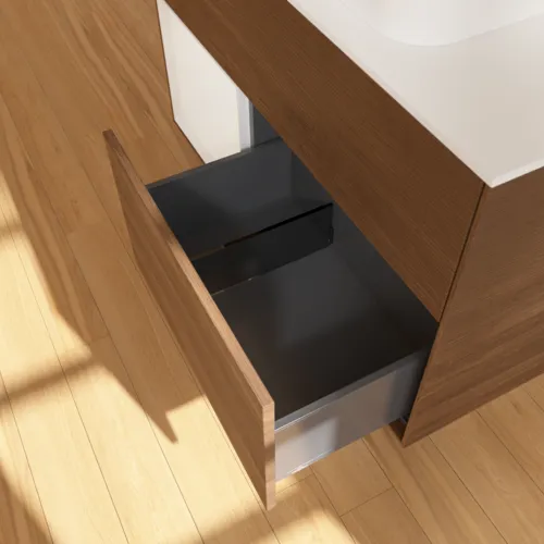 Bild von VILLEROY BOCH Finion Waschbeckenunterschrank, mit Beleuchtung, 2 Auszüge, 1000 x 603 x 501 mm, Walnut Veneer / Glossy White Lacquer / Glass White Matt #F651GFGN