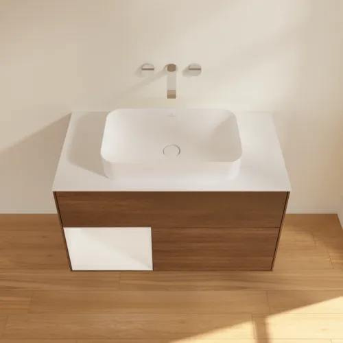 Bild von VILLEROY BOCH Finion Waschbeckenunterschrank, mit Beleuchtung, 2 Auszüge, 1000 x 603 x 501 mm, Walnut Veneer / Glossy White Lacquer / Glass White Matt #F651GFGN