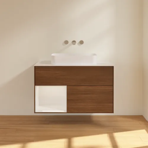 Bild von VILLEROY BOCH Finion Waschbeckenunterschrank, mit Beleuchtung, 2 Auszüge, 1000 x 603 x 501 mm, Walnut Veneer / Glossy White Lacquer / Glass White Matt #F651GFGN