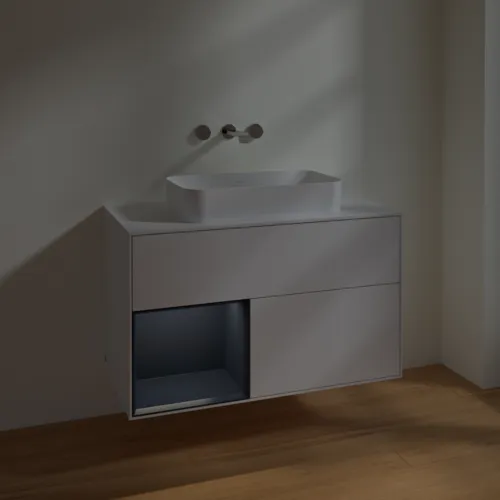 Bild von VILLEROY BOCH Finion Waschbeckenunterschrank, mit Beleuchtung, 2 Auszüge, 1000 x 603 x 501 mm, Glossy White Lacquer / Midnight Blue Matt Lacquer / Glass White Matt #F651HGGF