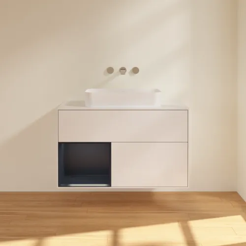 Bild von VILLEROY BOCH Finion Waschbeckenunterschrank, mit Beleuchtung, 2 Auszüge, 1000 x 603 x 501 mm, Glossy White Lacquer / Midnight Blue Matt Lacquer / Glass White Matt #F651HGGF