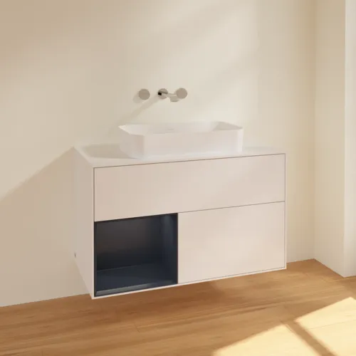 Bild von VILLEROY BOCH Finion Waschbeckenunterschrank, mit Beleuchtung, 2 Auszüge, 1000 x 603 x 501 mm, Glossy White Lacquer / Midnight Blue Matt Lacquer / Glass White Matt #F651HGGF