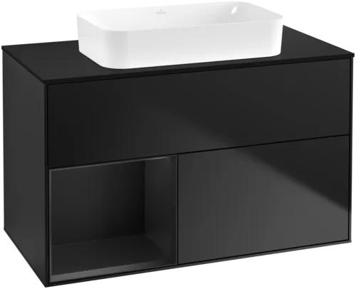 Obrázek VILLEROY BOCH Umyvadlová skříňka Finion, s osvětlením, 2 výsuvy, 1000 x 603 x 501 mm, černý matný lak / černý matný lak / černé matné sklo #F652PDPD