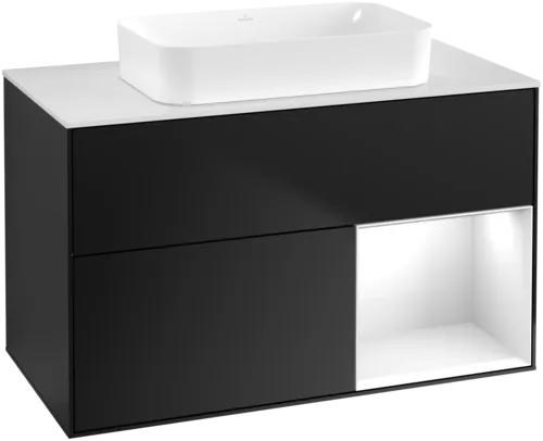 εικόνα του VILLEROY BOCH Finion Vanity unit, with lighting, 2 pull-out compartments, 1000 x 603 x 501 mm, Black Matt Lacquer / Glossy White Lacquer / Glass White Matt #F661GFPD