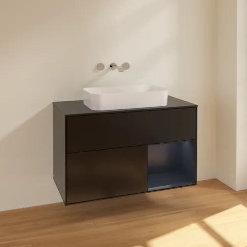 Bild von VILLEROY BOCH Finion Waschbeckenunterschrank, mit Beleuchtung, 2 Auszüge, 1000 x 603 x 501 mm, Black Matt Lacquer / Midnight Blue Matt Lacquer / Glass Black Matt #F662HGPD