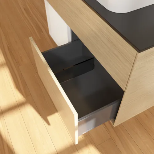 VILLEROY BOCH Finion Waschbeckenunterschrank, mit Beleuchtung, 2 Auszüge, 1000 x 603 x 501 mm, Oak Veneer / Glossy White Lacquer / Glass Black Matt #F652GFPC, Bild 7