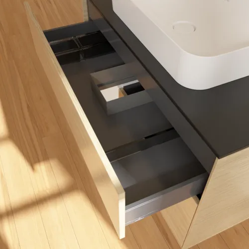 VILLEROY BOCH Finion Waschbeckenunterschrank, mit Beleuchtung, 2 Auszüge, 1000 x 603 x 501 mm, Oak Veneer / Glossy White Lacquer / Glass Black Matt #F652GFPC, Bild 8
