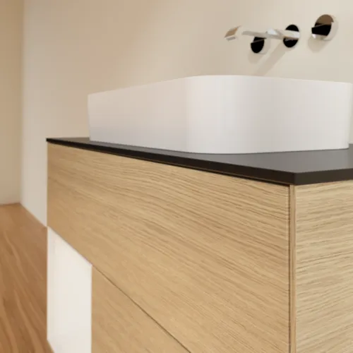 VILLEROY BOCH Finion Waschbeckenunterschrank, mit Beleuchtung, 2 Auszüge, 1000 x 603 x 501 mm, Oak Veneer / Glossy White Lacquer / Glass Black Matt #F652GFPC, Bild 6