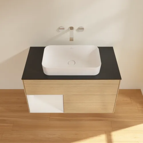 VILLEROY BOCH Finion Waschbeckenunterschrank, mit Beleuchtung, 2 Auszüge, 1000 x 603 x 501 mm, Oak Veneer / Glossy White Lacquer / Glass Black Matt #F652GFPC, Bild 4