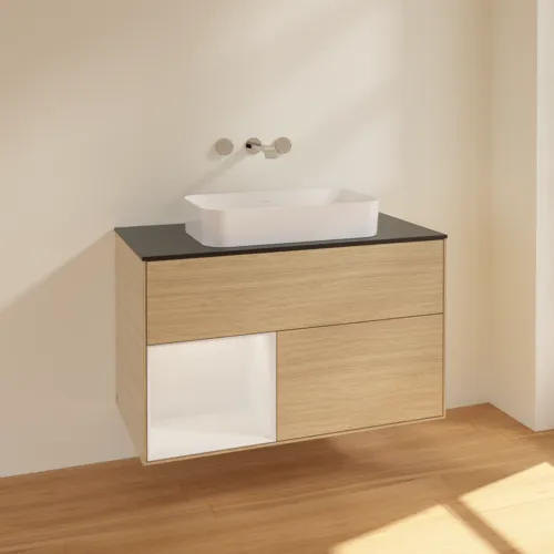 VILLEROY BOCH Finion Waschbeckenunterschrank, mit Beleuchtung, 2 Auszüge, 1000 x 603 x 501 mm, Oak Veneer / Glossy White Lacquer / Glass Black Matt #F652GFPC, Bild 2
