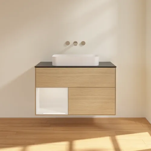 VILLEROY BOCH Finion Waschbeckenunterschrank, mit Beleuchtung, 2 Auszüge, 1000 x 603 x 501 mm, Oak Veneer / Glossy White Lacquer / Glass Black Matt #F652GFPC, Bild 3