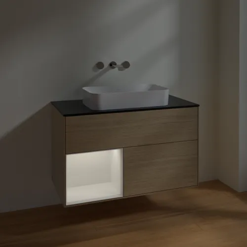 VILLEROY BOCH Finion Waschbeckenunterschrank, mit Beleuchtung, 2 Auszüge, 1000 x 603 x 501 mm, Oak Veneer / Glossy White Lacquer / Glass Black Matt #F652GFPC, Bild 5
