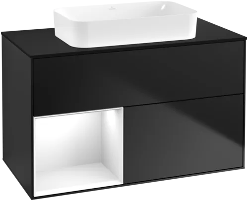 Obrázek VILLEROY BOCH Umyvadlová skříňka Finion, s osvětlením, 2 výsuvy, 1000 x 603 x 501 mm, černý matný lak / lesklý bílý lak / černé matné sklo #F652GFPD