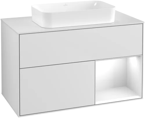 Obrázek VILLEROY BOCH Umyvadlová skříňka Finion, s osvětlením, 2 výsuvy, 1000 x 603 x 501 mm, bílý matný lak / bílý lesklý lak / bílé matné sklo #F661GFMT