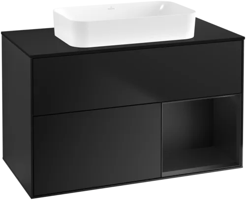 Obrázek VILLEROY BOCH Umyvadlová skříňka Finion, s osvětlením, 2 výsuvy, 1000 x 603 x 501 mm, černý matný lak / černý matný lak / černé matné sklo #F662PDPD
