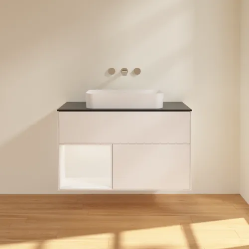 VILLEROY BOCH Finion Waschbeckenunterschrank, mit Beleuchtung, 2 Auszüge, 1000 x 603 x 501 mm, White Matt Lacquer / White Matt Lacquer / Glass Black Matt #F652MTMT, Bild 3