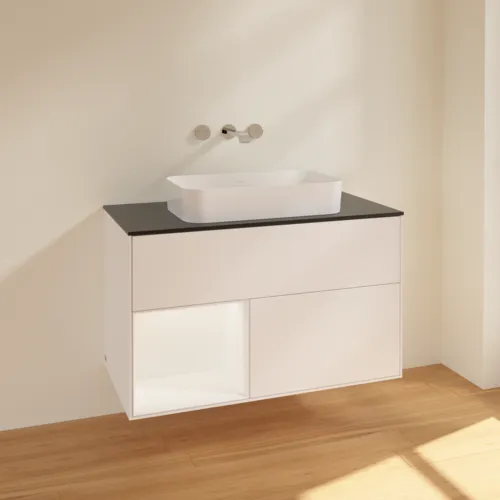 VILLEROY BOCH Finion Waschbeckenunterschrank, mit Beleuchtung, 2 Auszüge, 1000 x 603 x 501 mm, White Matt Lacquer / White Matt Lacquer / Glass Black Matt #F652MTMT, Bild 2