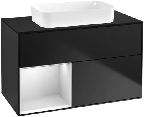 Obrázek VILLEROY BOCH Umyvadlová skříňka Finion, s osvětlením, 2 výsuvy, 1000 x 603 x 501 mm, černý matný lak / bílý matný lak / černé matné sklo #F652MTPD