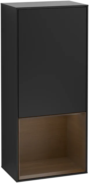Picture of VILLEROY BOCH Finion Side cabinet, with lighting, 1 door, 418 x 936 x 270 mm, Black Matt Lacquer / Walnut Veneer #F550GNPD