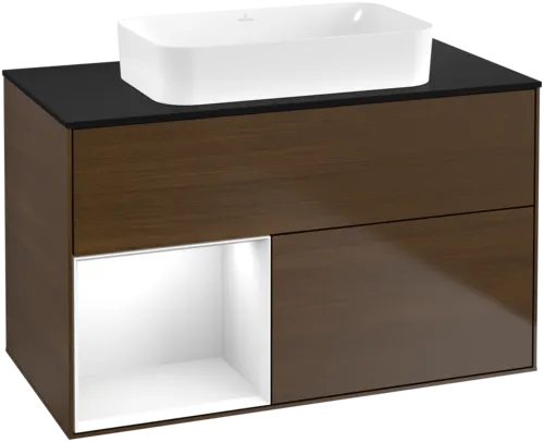 Picture of VILLEROY BOCH Finion Vanity unit, with lighting, 2 pull-out compartments, 1000 x 603 x 501 mm, Walnut Veneer / Glossy White Lacquer / Glass Black Matt #F652GFGN