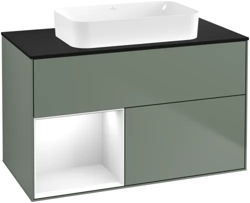 Picture of VILLEROY BOCH Finion Vanity unit, with lighting, 2 pull-out compartments, 1000 x 603 x 501 mm, Olive Matt Lacquer / Glossy White Lacquer / Glass Black Matt #F652GFGM