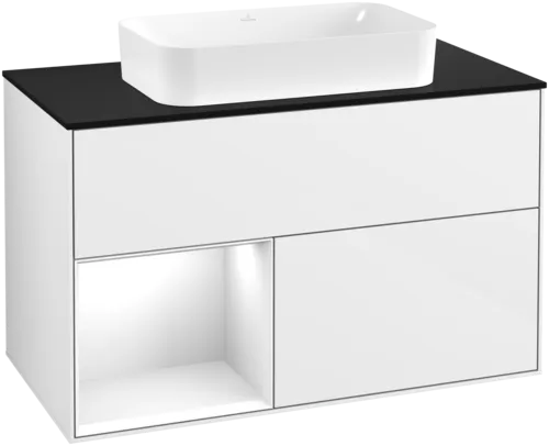 Picture of VILLEROY BOCH Finion Vanity unit, with lighting, 2 pull-out compartments, 1000 x 603 x 501 mm, Glossy White Lacquer / Glossy White Lacquer / Glass Black Matt #F652GFGF